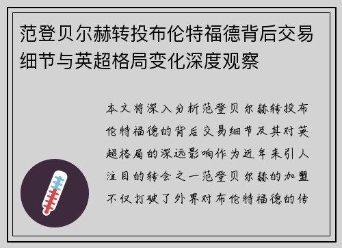 范登贝尔赫转投布伦特福德背后交易细节与英超格局变化深度观察